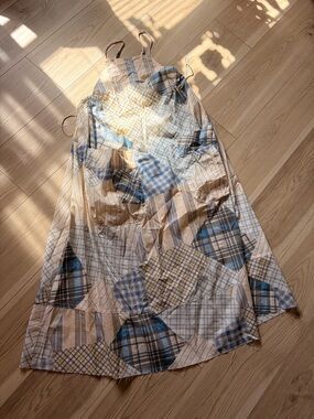 Patchwork Plaid Slip Dress in Blue & Tan